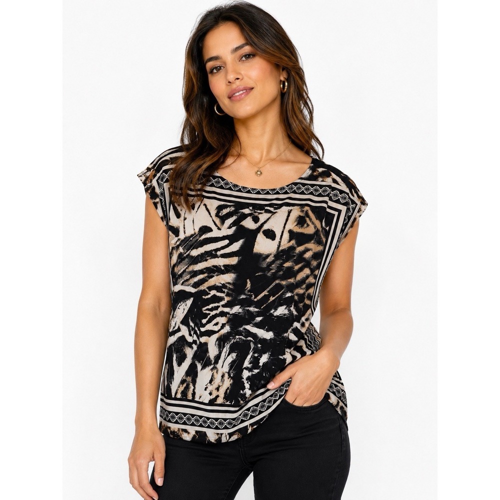 Isabella Rodriguez Women's M Black Beige Animal Print Scoop Neck‎ Blouse